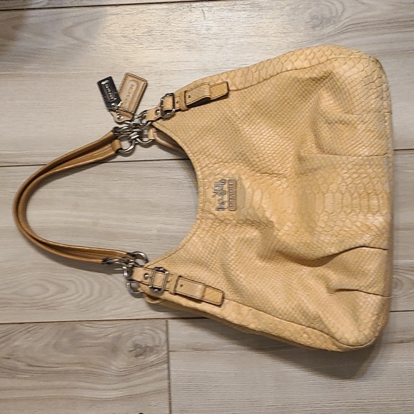 Coach Handbags - Coach Snakeskin Texture 3 Section Handbag Tan Color Blue Interior